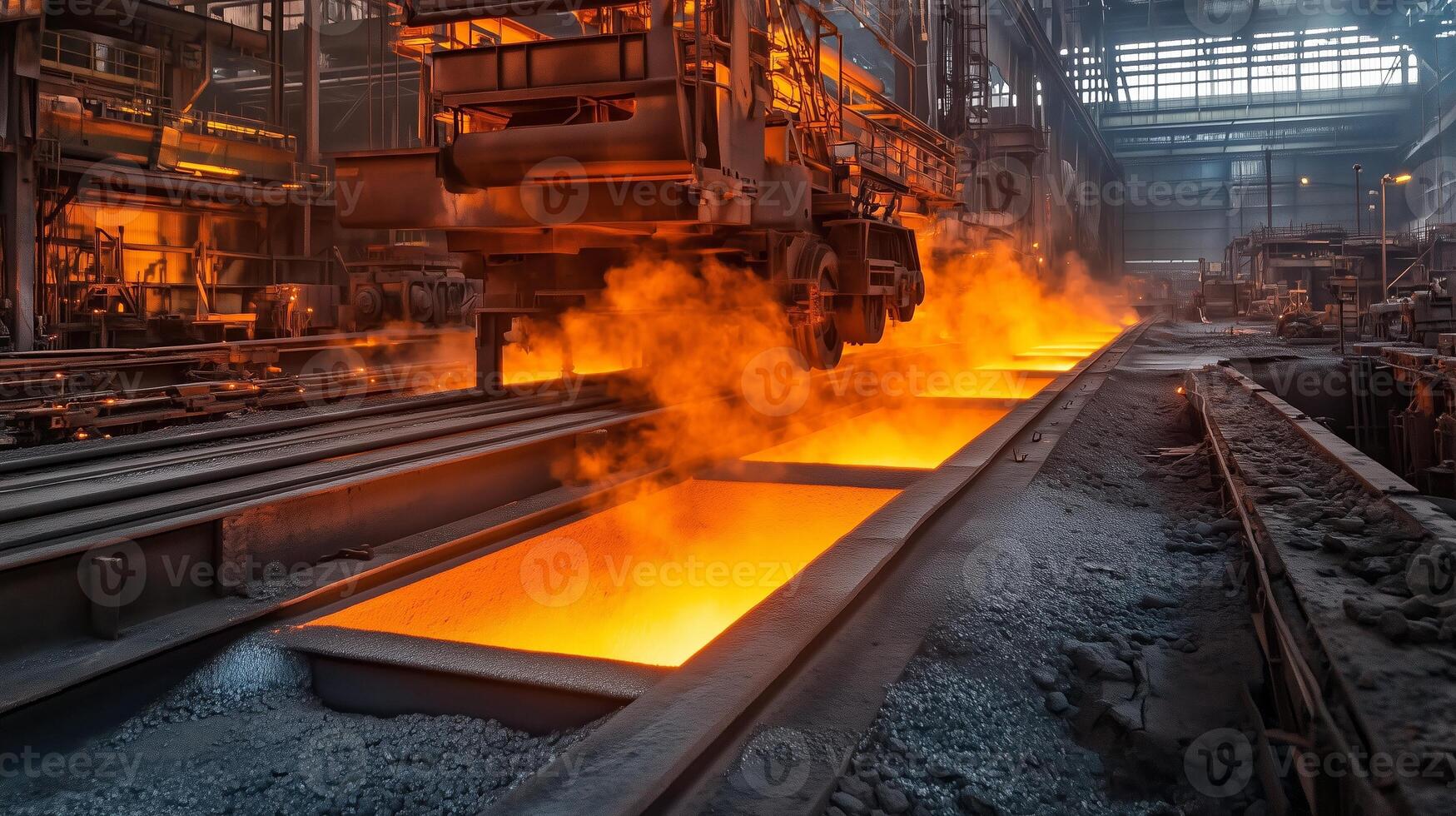 Molten metal flows from a large crucible in a steel mill during the manufacturing process in the early morning hours photo