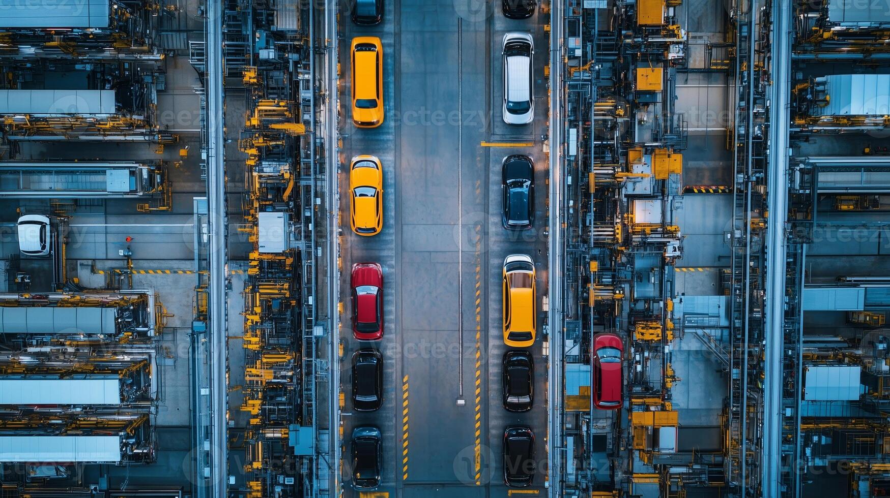Aerial view of cars navigating through a busy automated parking facility in an urban environment during the day photo