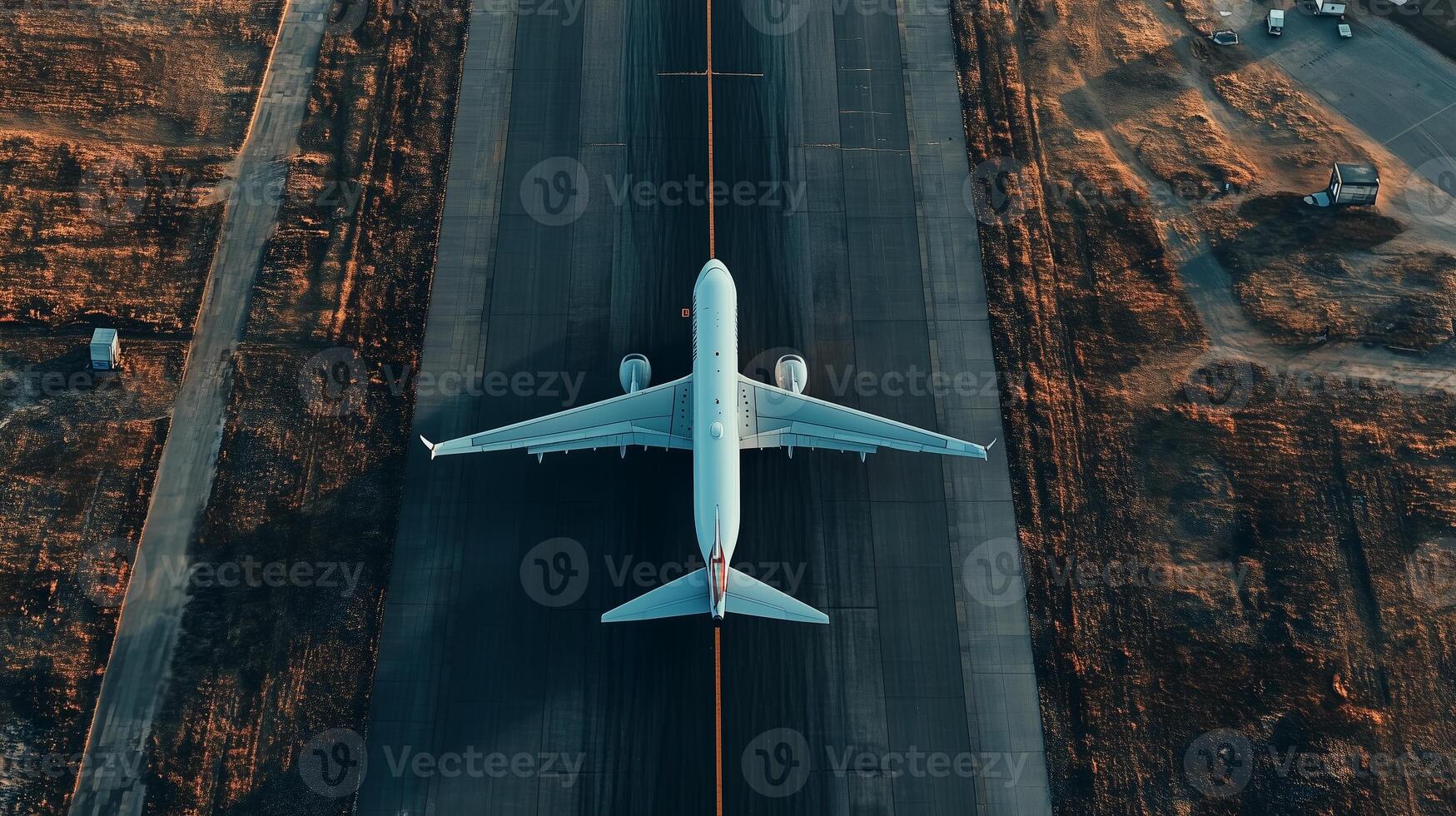 Aerial view of an airplane preparing for takeoff on an airport runway during golden hour lighting in a clear sky photo
