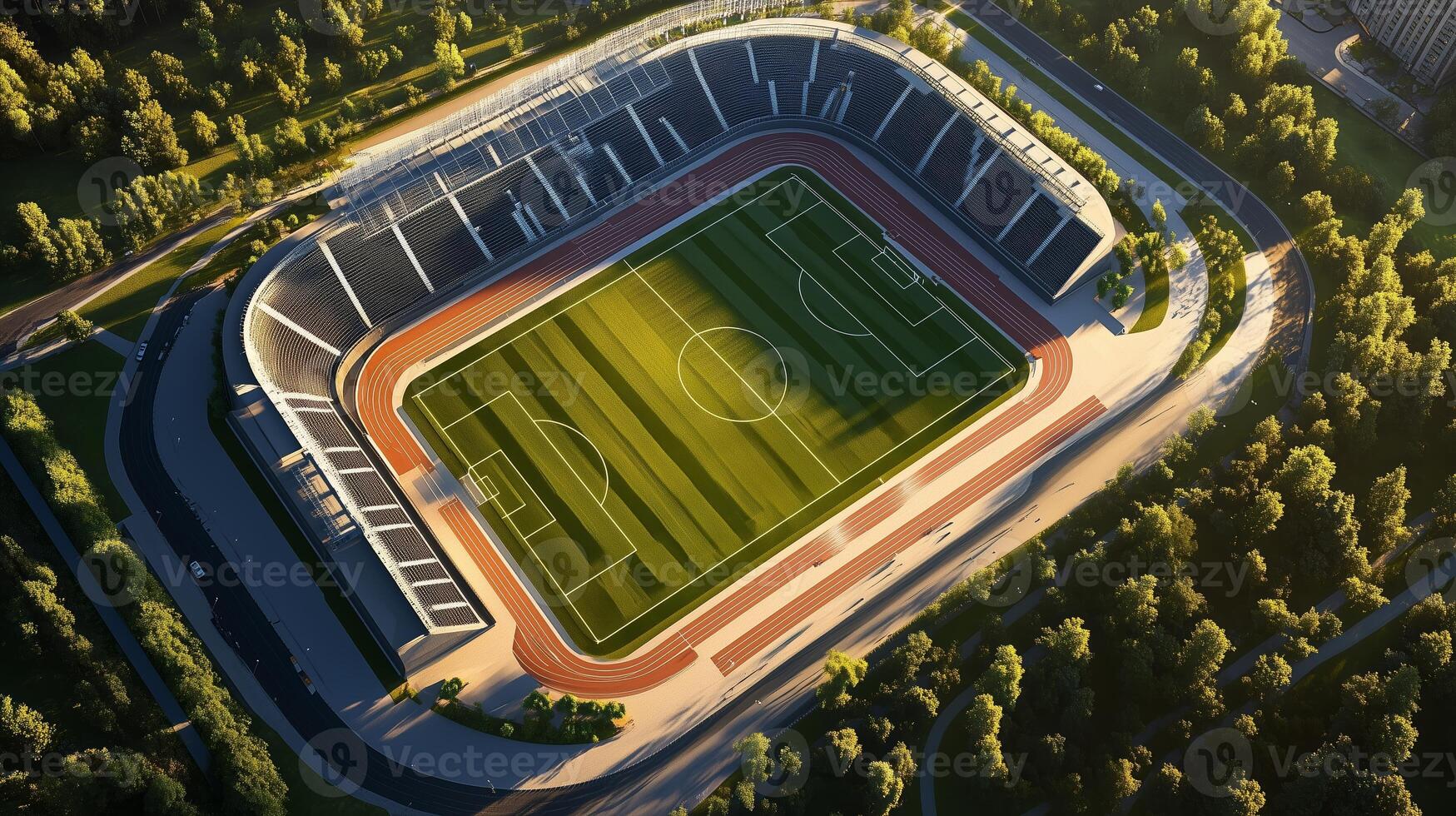 Aerial view of a modern sports stadium surrounded by lush greenery during sunset hours showcasing a soccer field photo