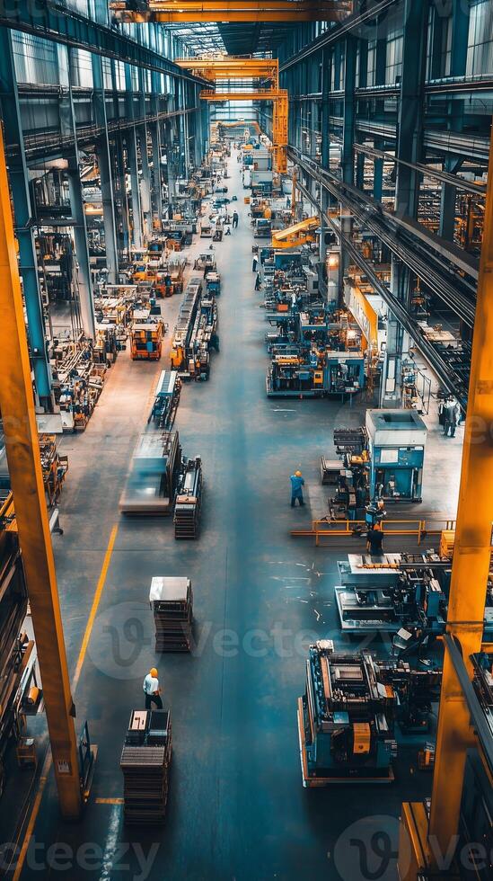 Vast industrial warehouse filled with machinery and workers during daytime operations in a large manufacturing facility photo