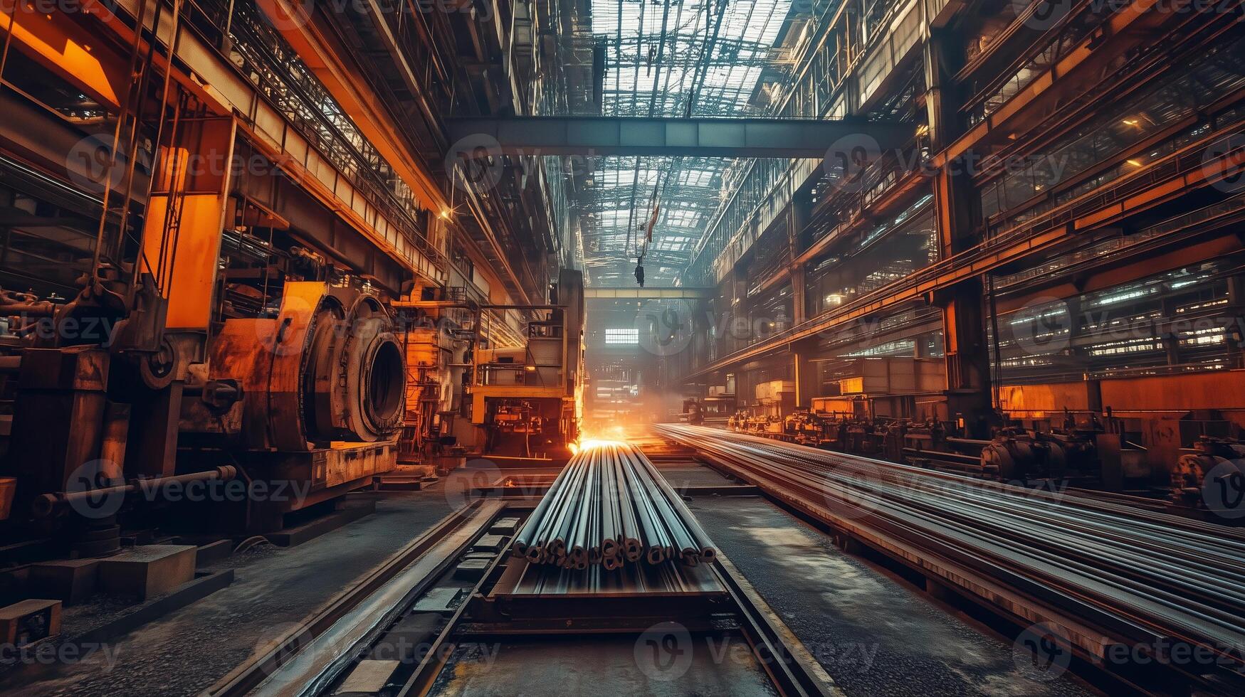 Industrial scene featuring molten metal in a large manufacturing facility during the day photo