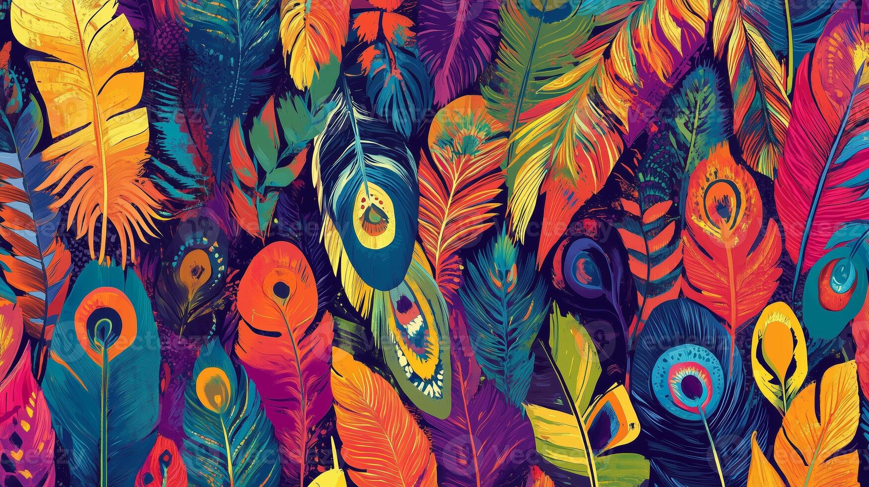 Colorful tropical foliage artwork featuring vibrant feathers in a vivid, abstract style on a dark background photo
