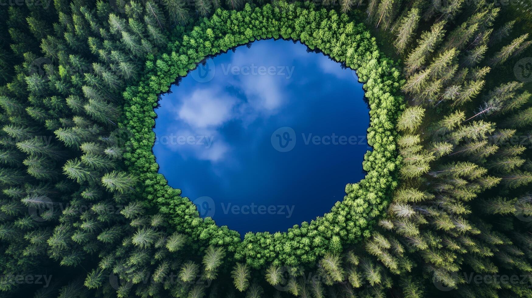 Aerial view of a circular lake surrounded by lush green forests under a clear blue sky in the early morning hours photo