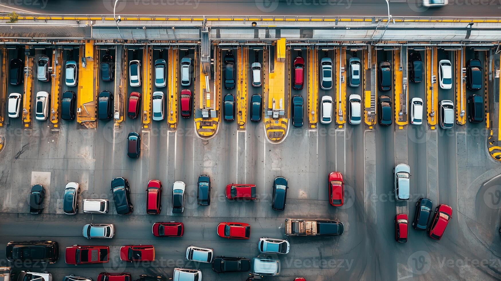 Traffic congestion at a busy toll plaza during the late afternoon rush hour with a mix of vehicles lining up for payment photo