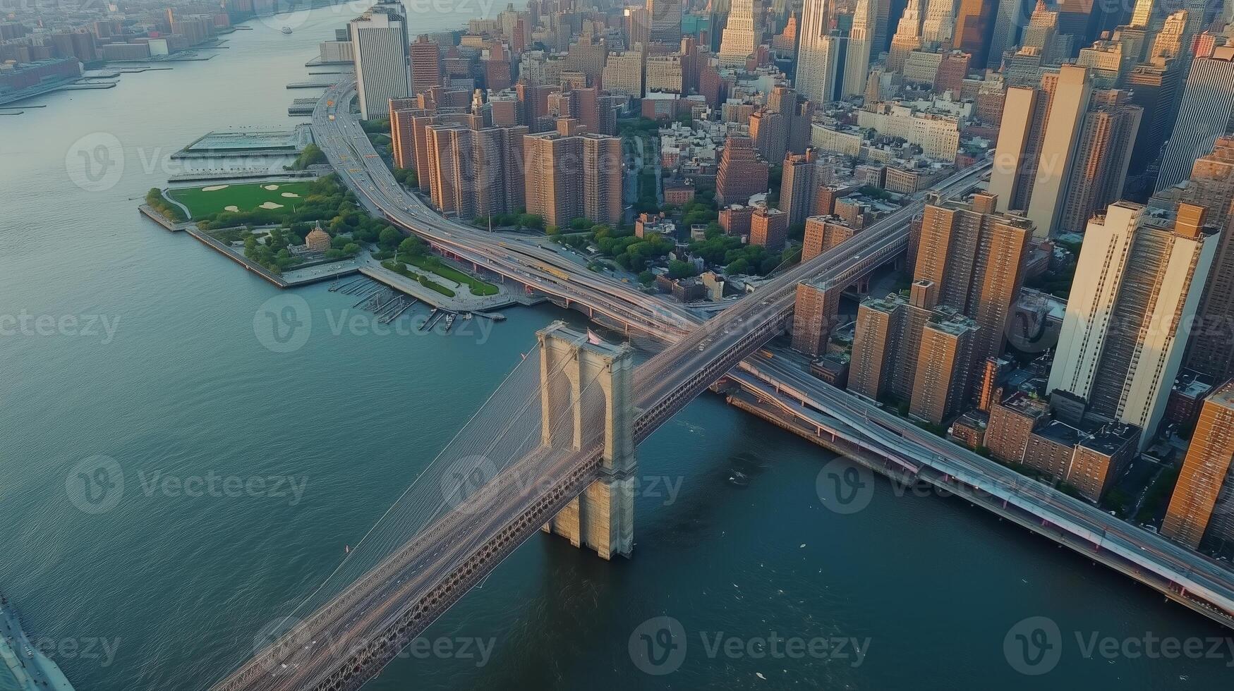 Aerial view of Brooklyn Bridge connecting Manhattan and Brooklyn with city skyline in the background during golden hour photo