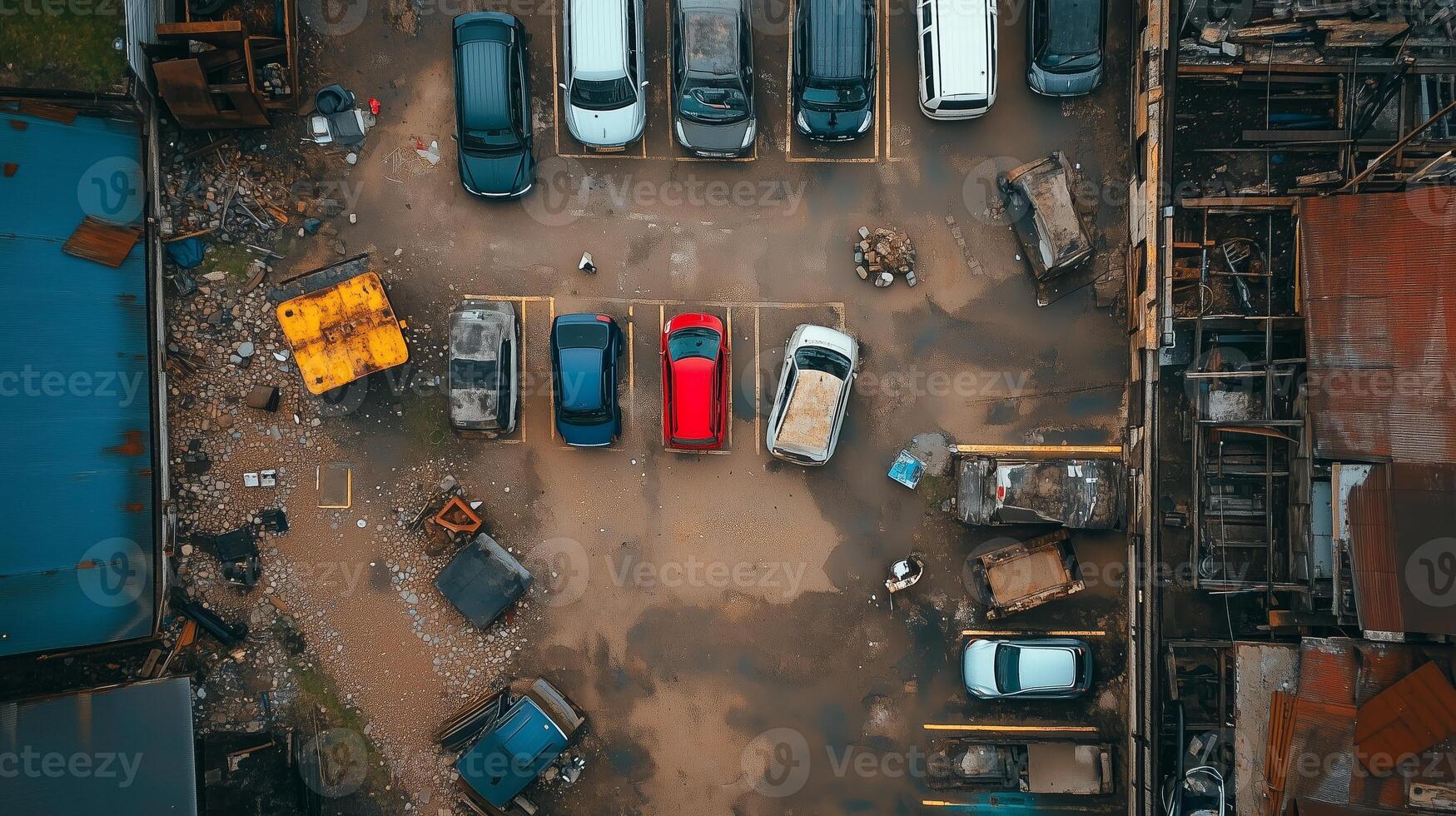 Aerial view of a cluttered parking lot with abandoned vehicles and construction debris in an urban area during daylight photo