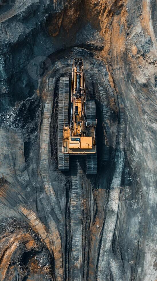 Aerial view of a large excavator operating in a mining site during daylight hours in rugged terrain photo