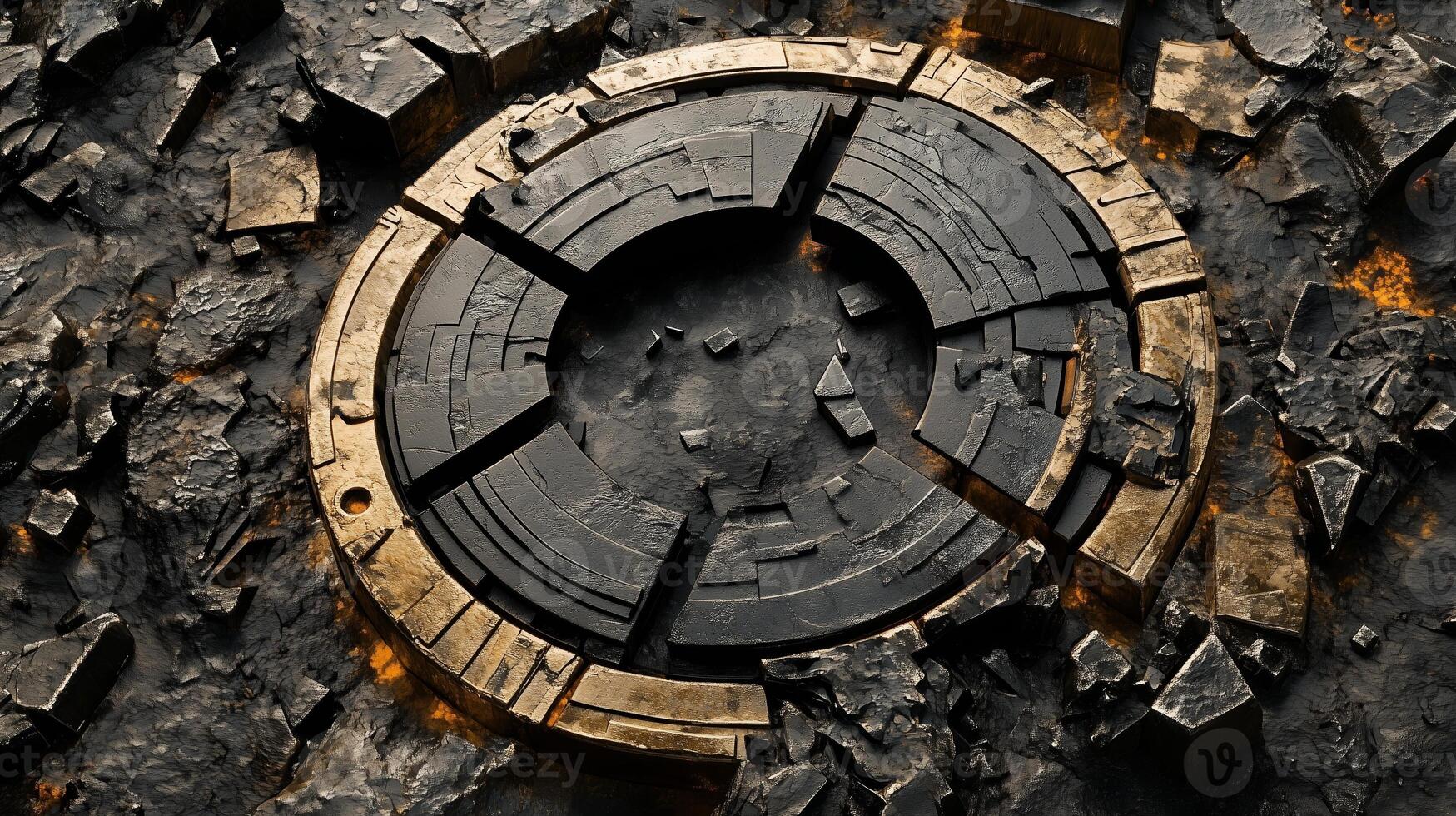 Intricately designed dark circular structure surrounded by cracked black rock, illuminated by molten accents at dusk photo