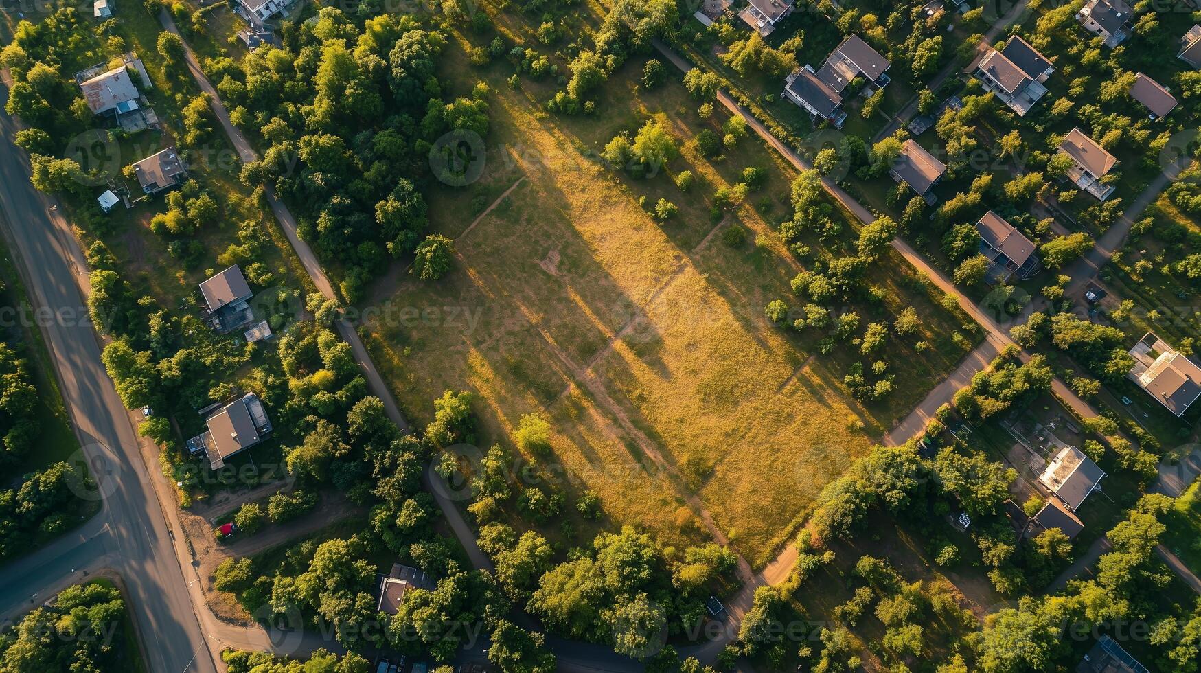 An aerial view of a vacant field surrounded by residential homes, capturing the lush greenery and shadows cast by trees during golden hour photo