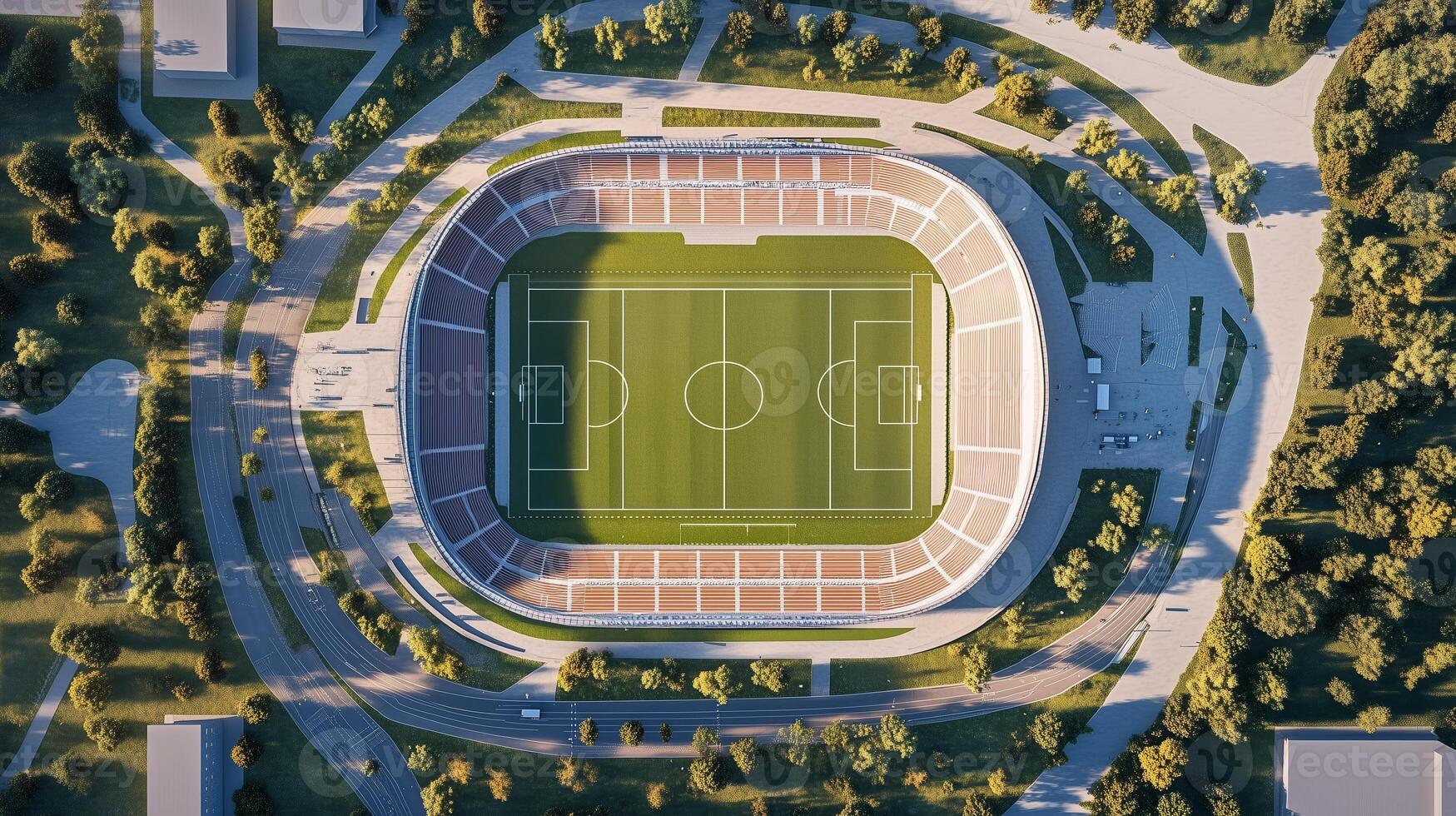 Aerial view of a modern sports stadium surrounded by greenery on a sunny day, showcasing a pristine football field ready for action photo