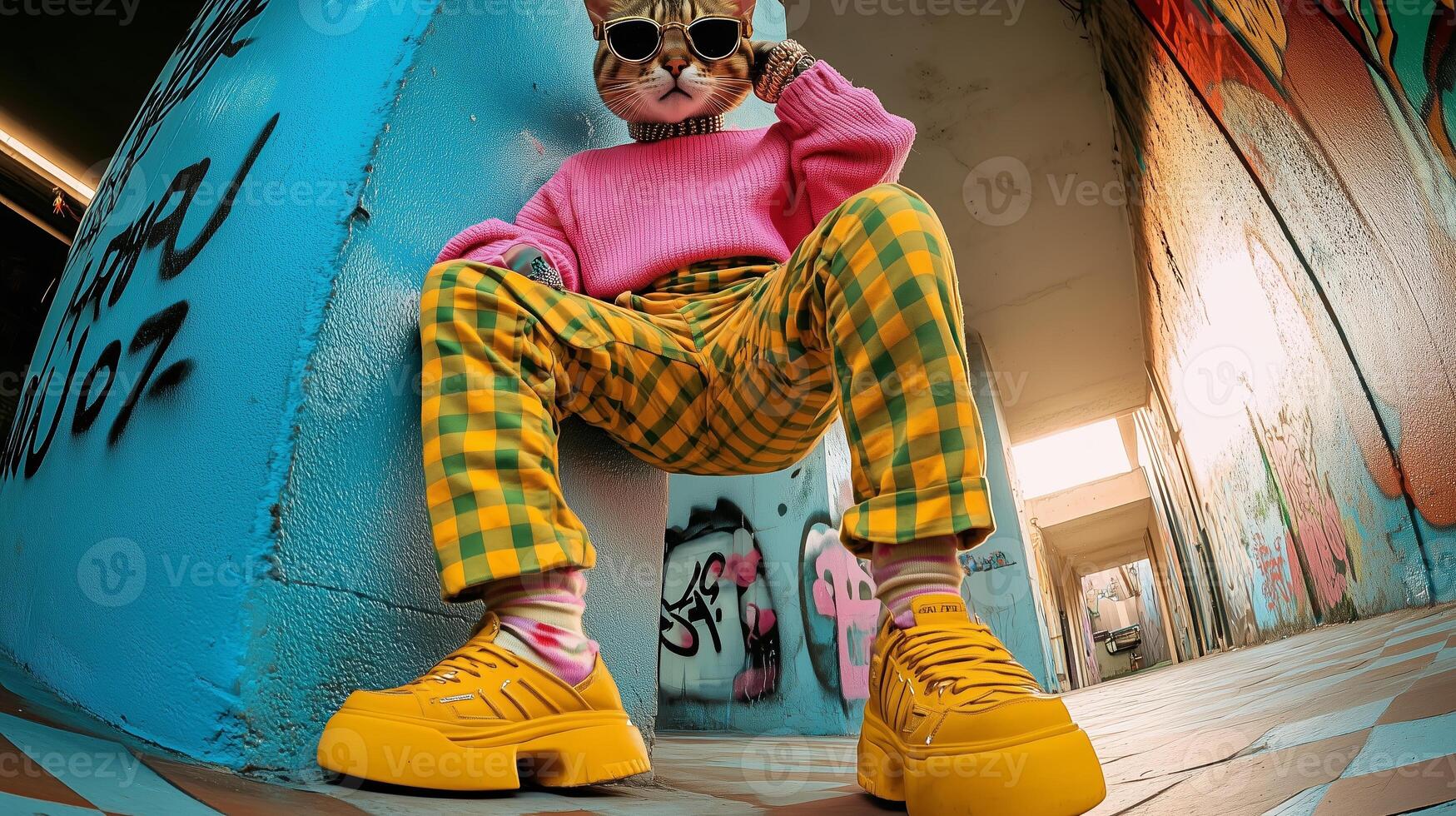 A stylish cat poses confidently in urban attire against a vibrant graffiti backdrop in a lively city alley at midday photo