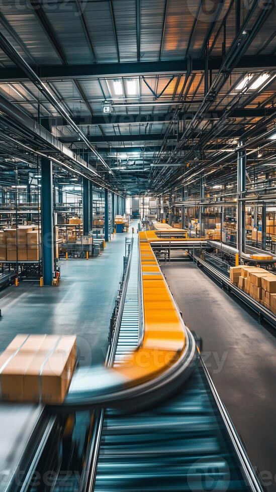 Efficient conveyor belt system moving packages in a modern warehouse during daytime operations photo