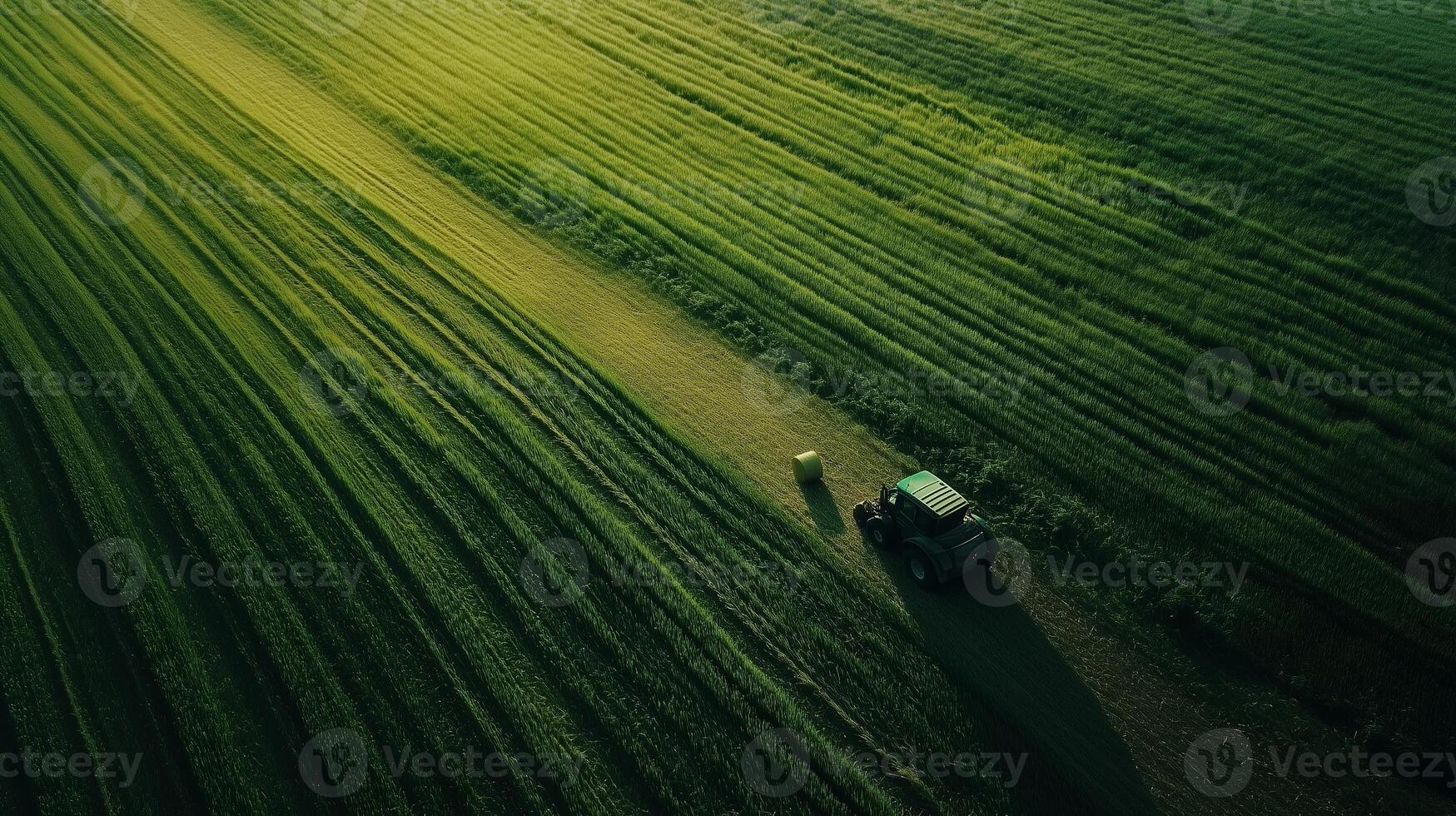 Tractor working on a lush green field during golden hour, with neatly arranged crop rows highlighting the rural landscape photo