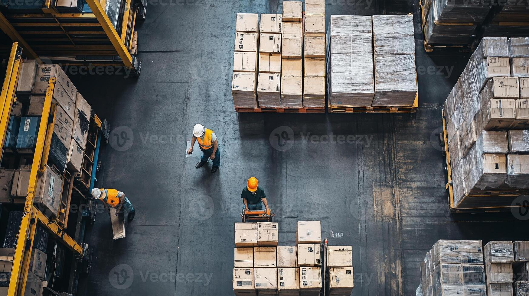 Workers organizing packages in a warehouse during the afternoon, showcasing busy logistics and operations in motion photo