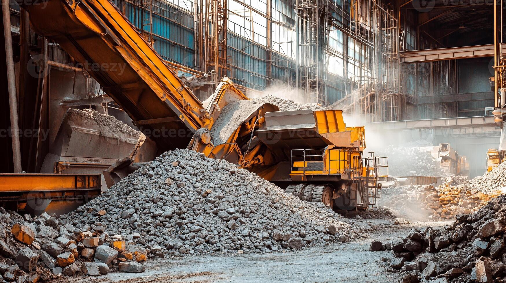 Heavy machinery operates in a busy industrial site while processing gravel during daylight hours photo