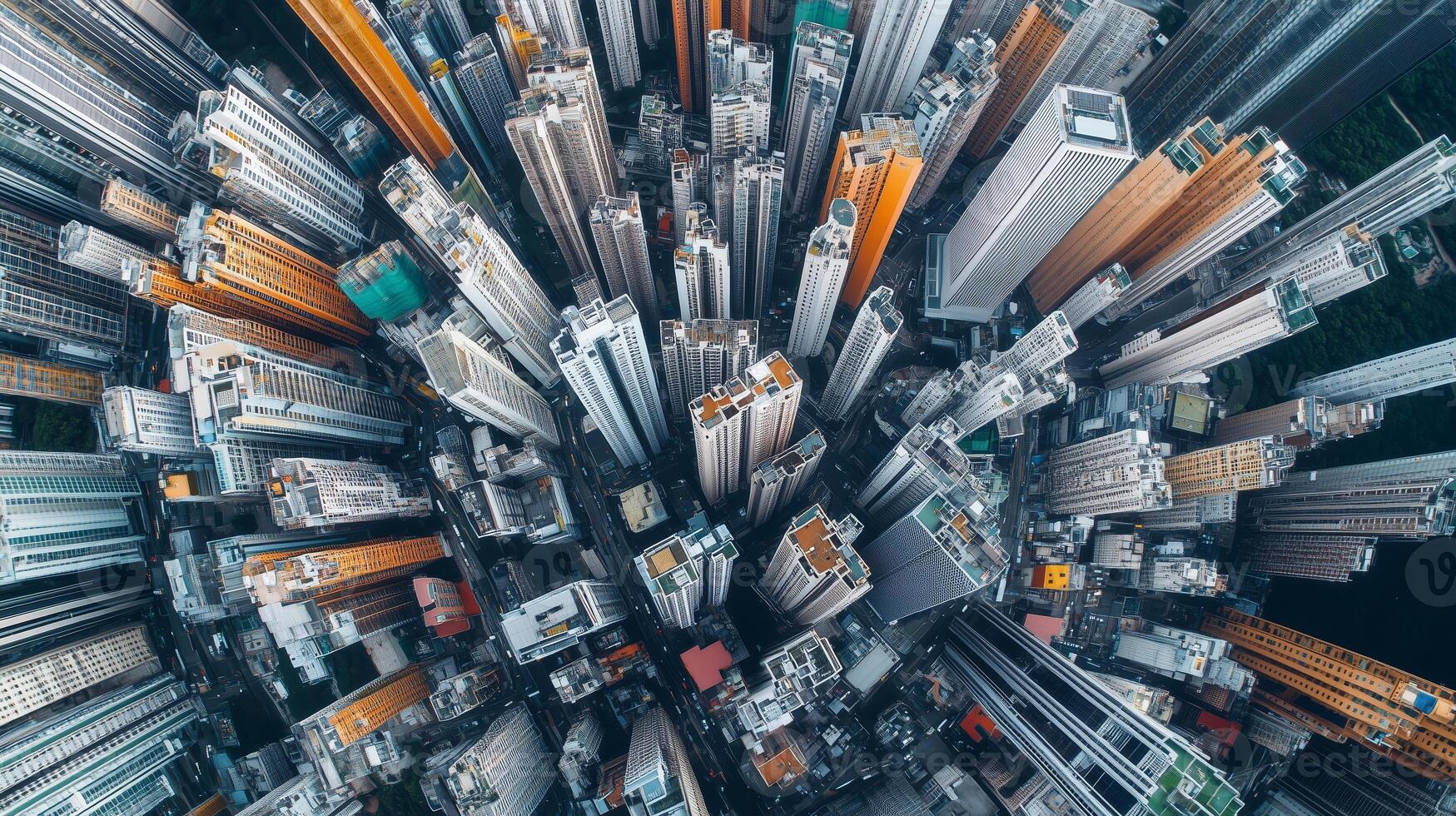 Aerial view of densely packed skyscrapers in a bustling urban environment during the daytime showing the city's vibrant architectural landscape photo