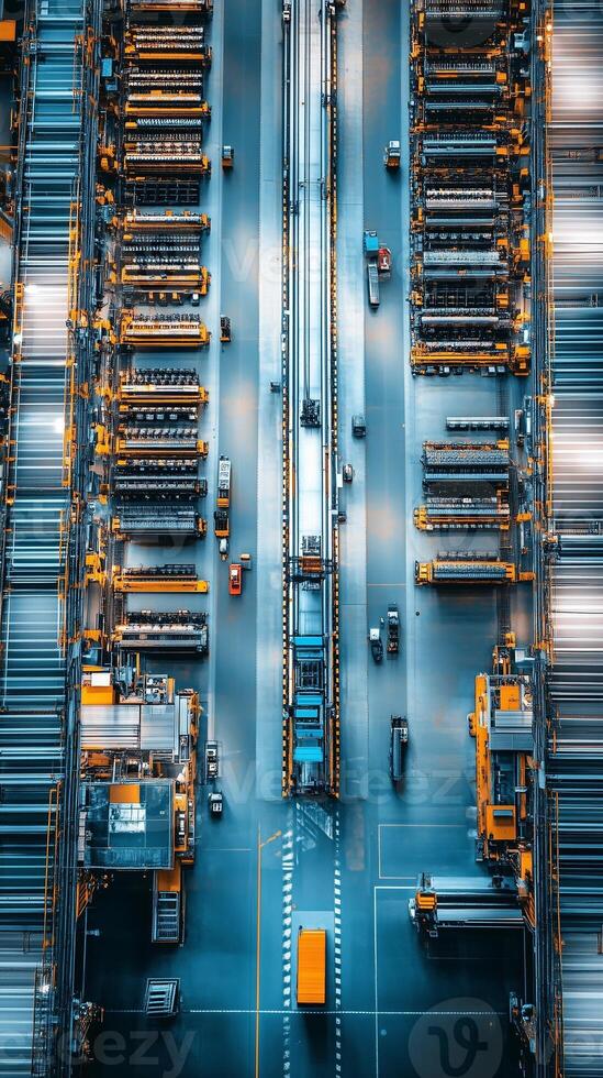 Aerial view of a bustling logistics hub with containers and transport vehicles during daylight photo