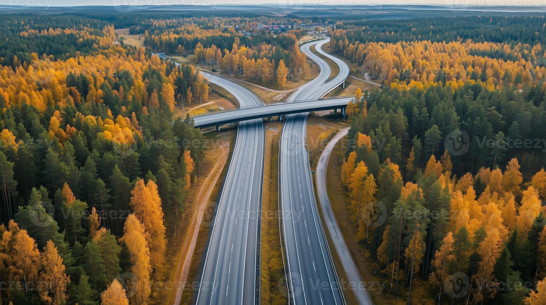 Aerial view of winding highways intersecting through vibrant autumn forests in a tranquil landscape photo
