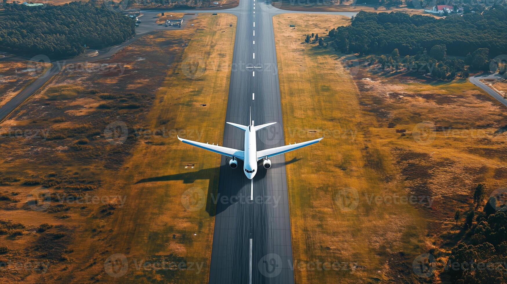 Airplane taking off from a runway surrounded by lush greenery and fields during a bright and clear day photo