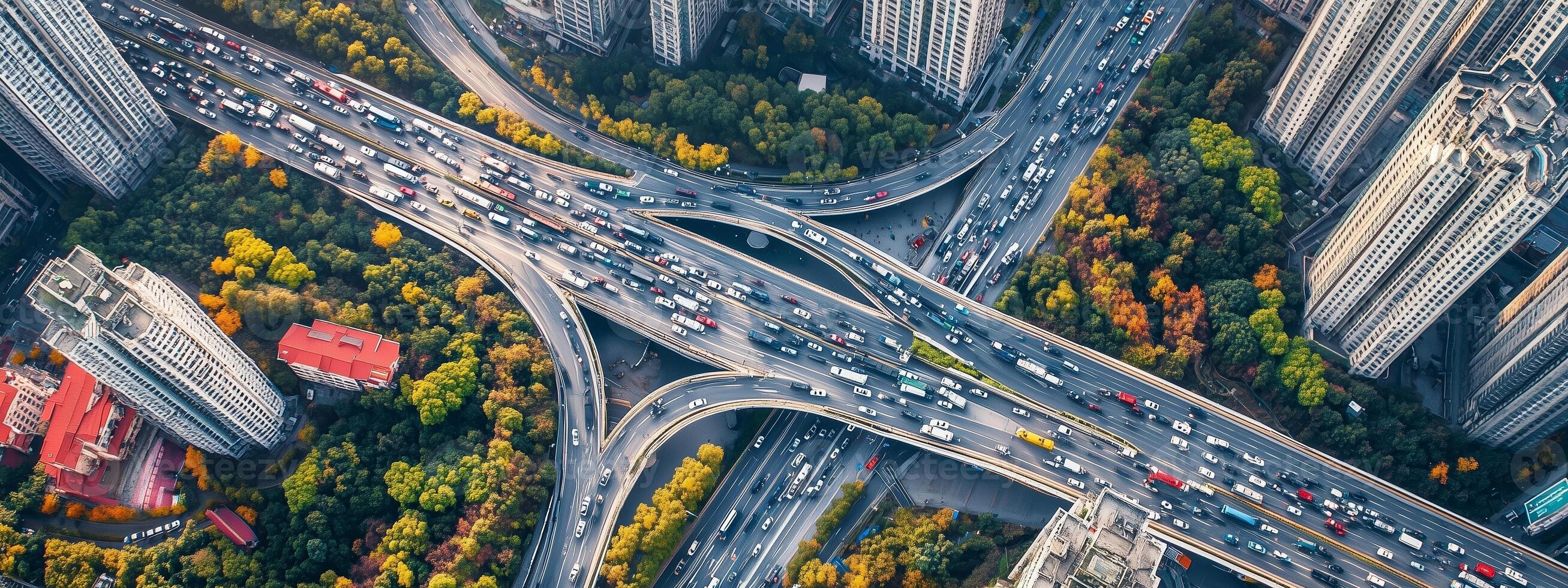 Busy urban intersection view from above showcases traffic flow and city development during fall in a metropolitan area photo