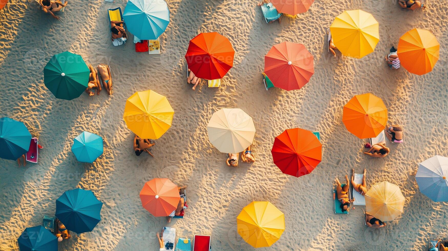 Colorful beach umbrellas in a sunny coastal location with people enjoying leisure time during the summer season photo