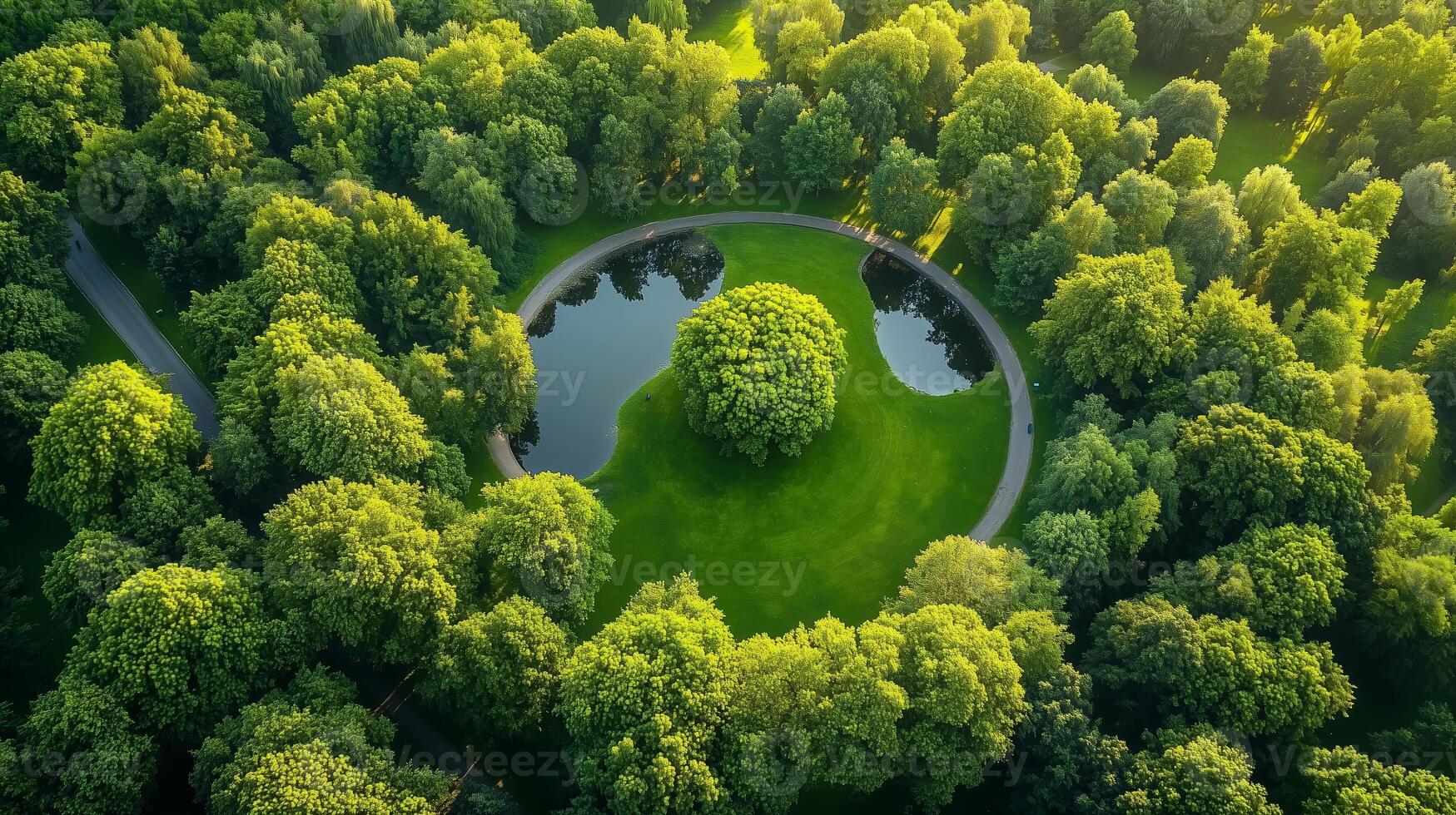 Lush green park featuring a circular pond surrounded by dense trees on a sunny day photo