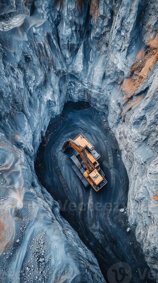 Excavator working in a deep quarry surrounded by steep rocky walls during daylight photo