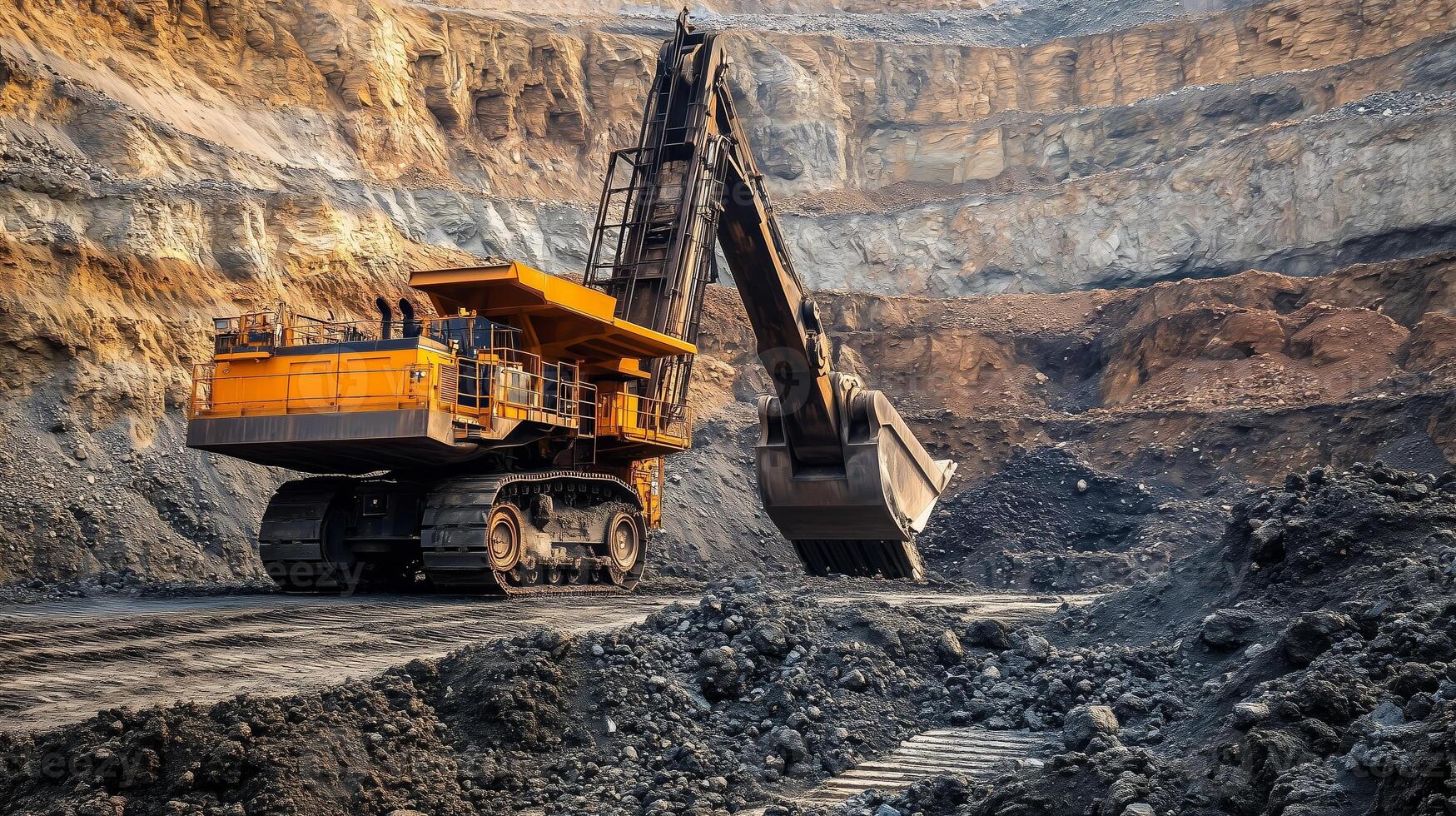 Heavy excavator operates in a large open-pit mine during the early morning hours, digging through layers of rock and soil photo