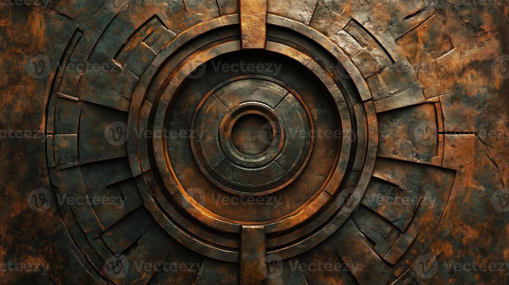 Intricate circular metal design on an industrial surface illuminated by moody lighting photo