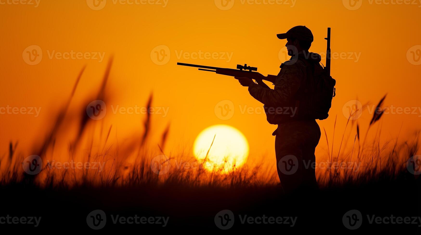Hunter silhouetted against a vibrant sunset while surveying the serene landscape in the evening twilight photo