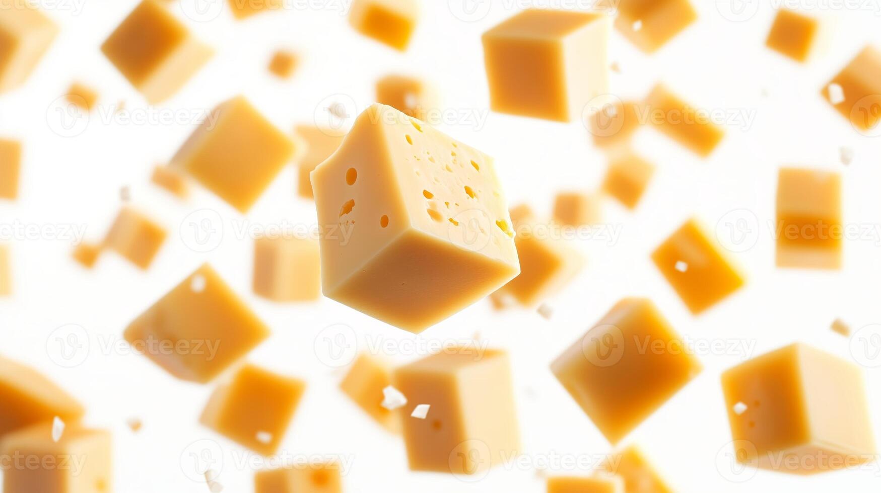 Floating cubes of cheddar cheese captured in mid-air against a bright background, showcasing a creative food presentation photo