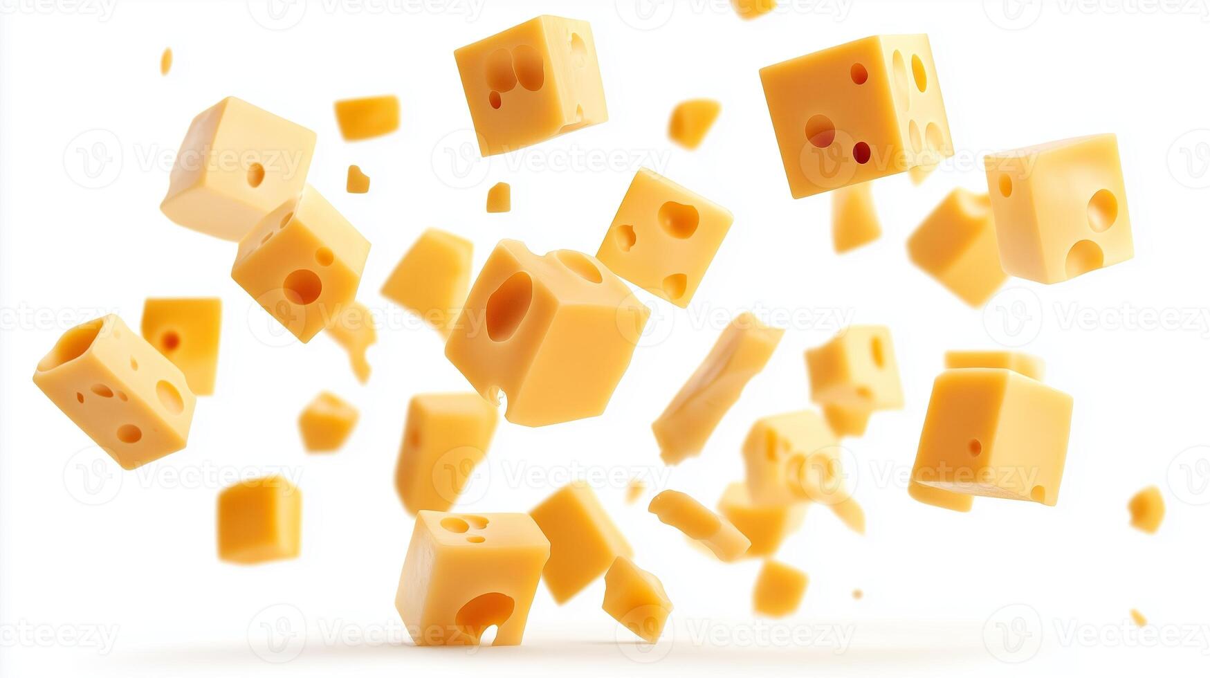 Floating cheese cubes against a plain background showcase the playful nature of food and capture a whimsical culinary moment photo
