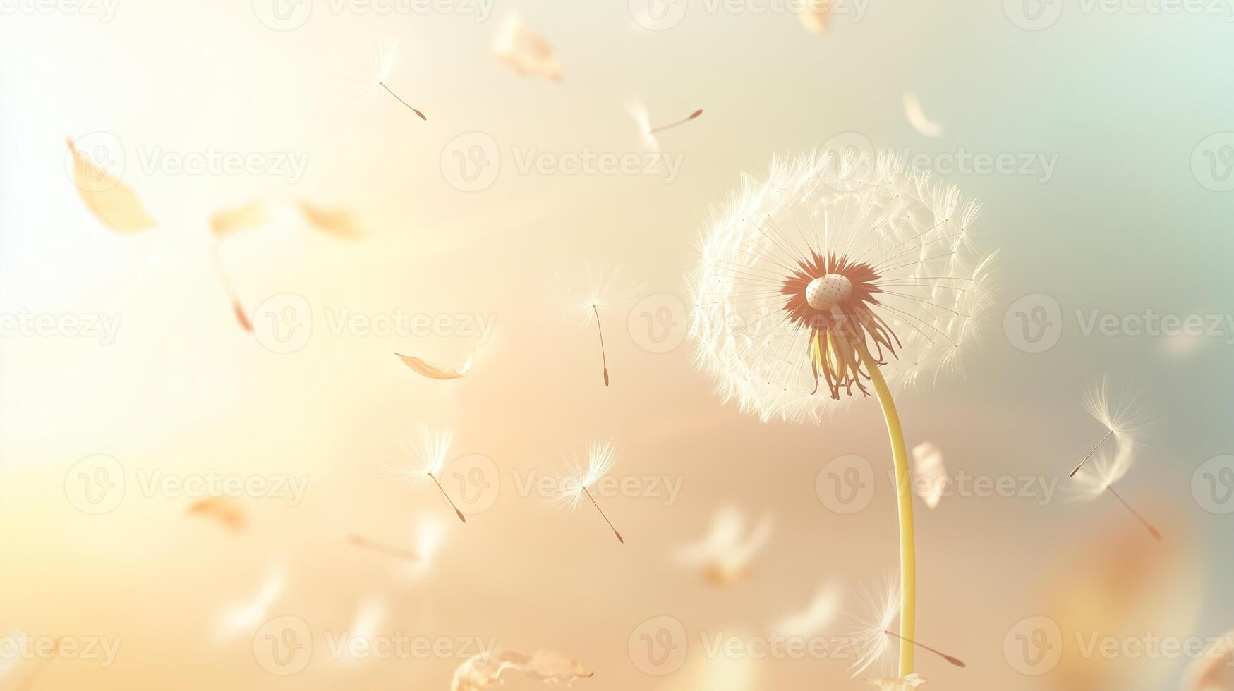 Delicate dandelion seeds drifting through the soft light of a pastel sunset in a tranquil outdoor setting photo