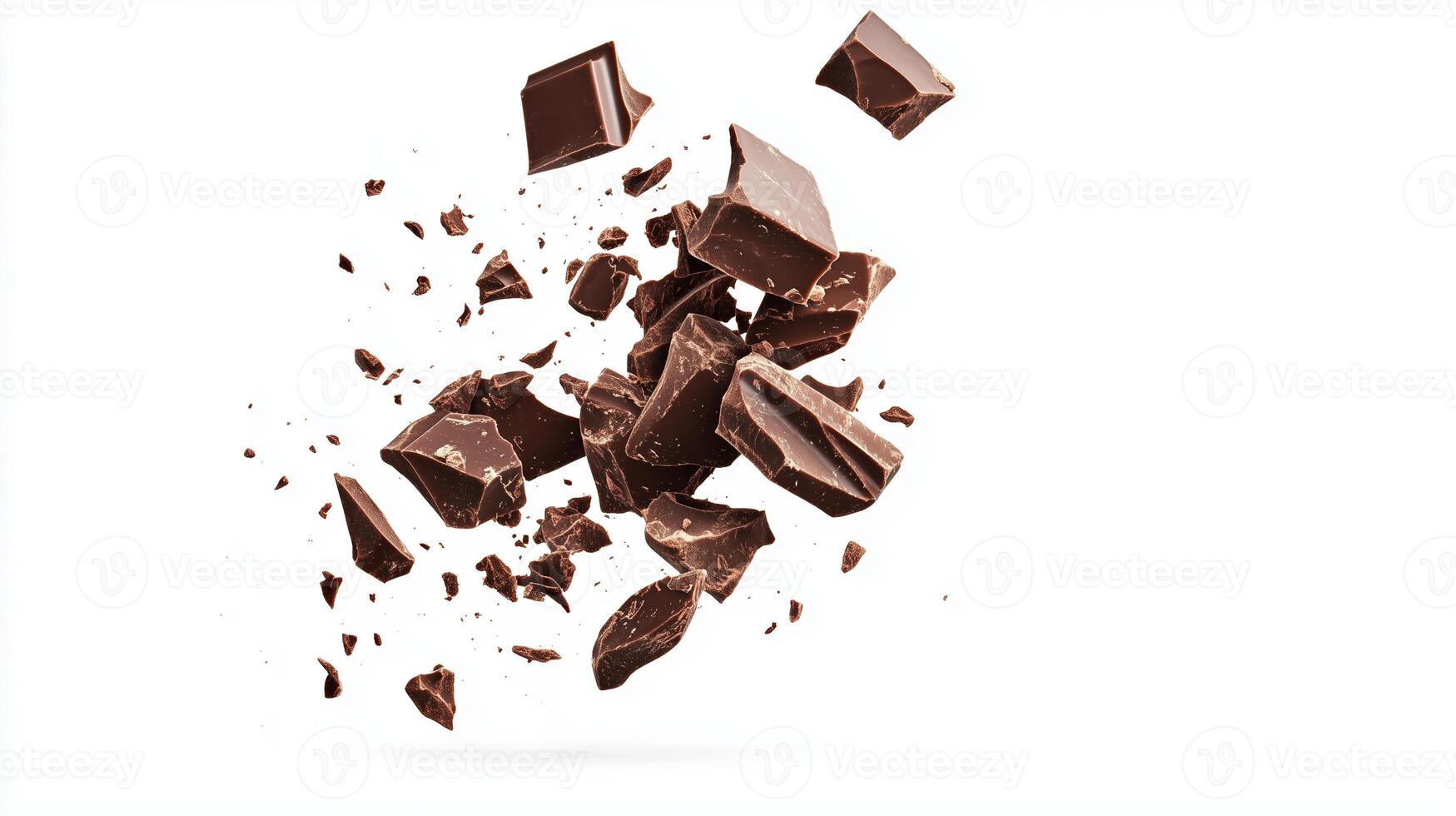 Dark chocolate chunks falling and breaking apart against a clean white background in a dynamic display of texture and motion photo