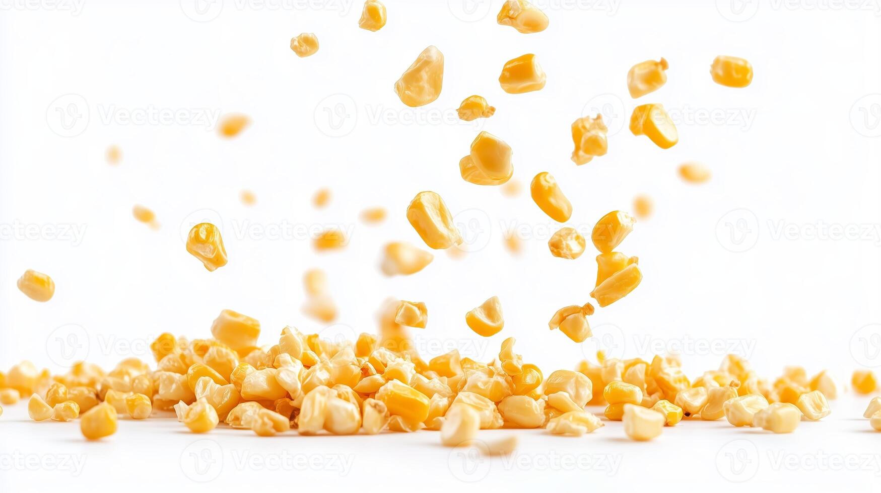 Golden kernels of corn scattered in mid-air against a light background during a bright sunny day photo