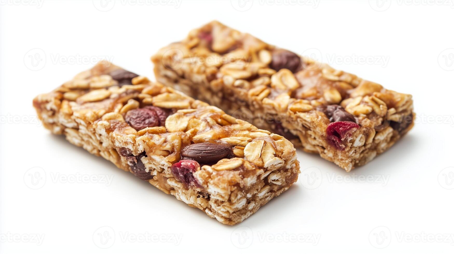 Healthy granola bars with oats, nuts, and dried fruits on a clean white surface, perfect for a nutritious snack at any time photo
