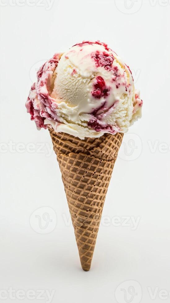 Delicious swirled ice cream in a waffle cone against a clean white backdrop ideal for summer treats and desserts photo