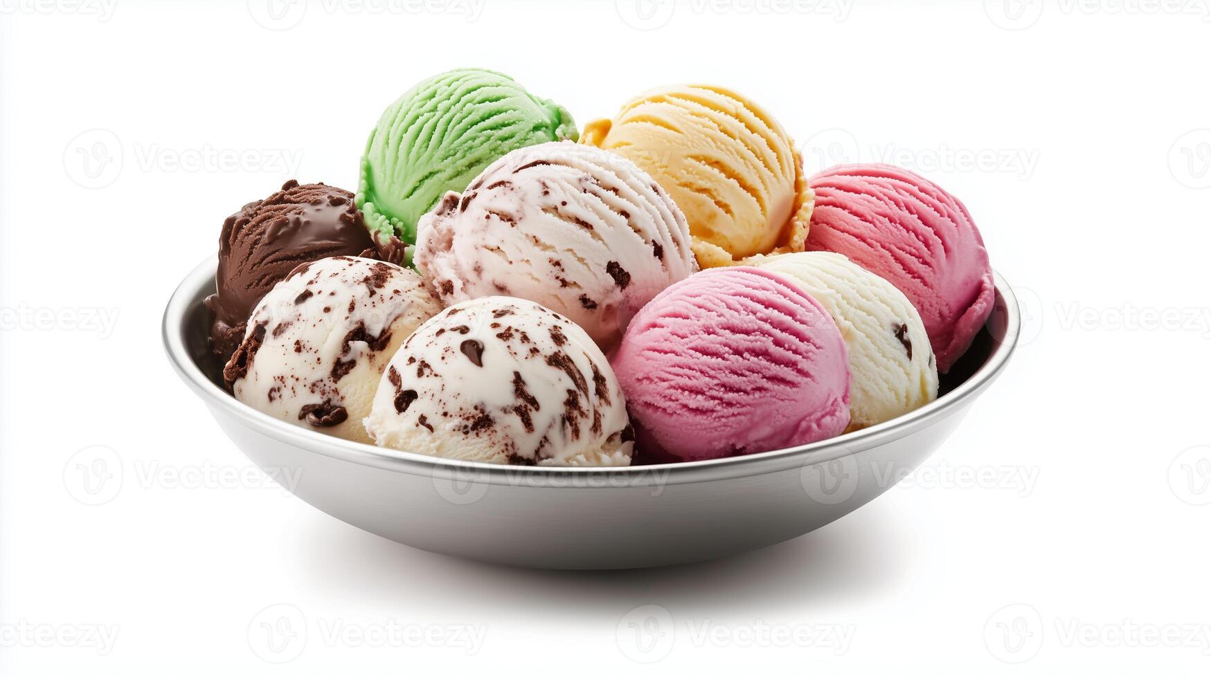 A colorful assortment of ice cream scoops featuring chocolate, vanilla, strawberry, and mint flavors in a bowl photo
