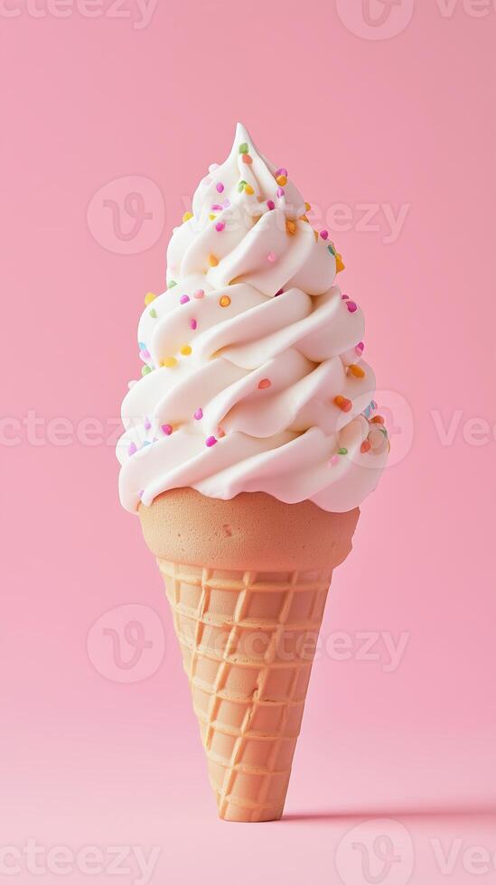 Delicious soft serve ice cream cone topped with colorful sprinkles placed against a pink background during a sunny day photo