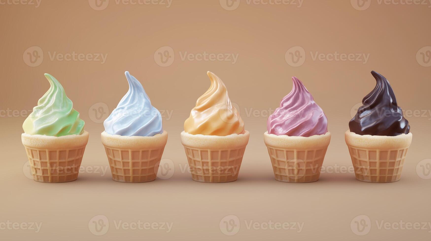 Colorful assortment of five soft serve ice cream cones arranged in a row on a neutral background photo