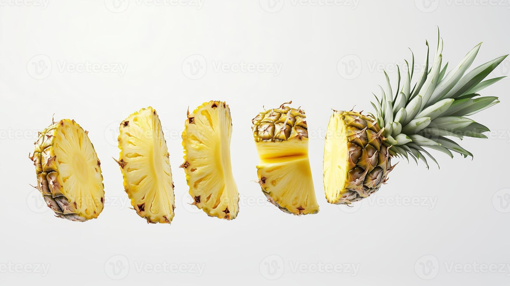Sliced pineapple segments floating against a white background with vibrant yellow fruit exposed, showcasing freshness and nutrition photo