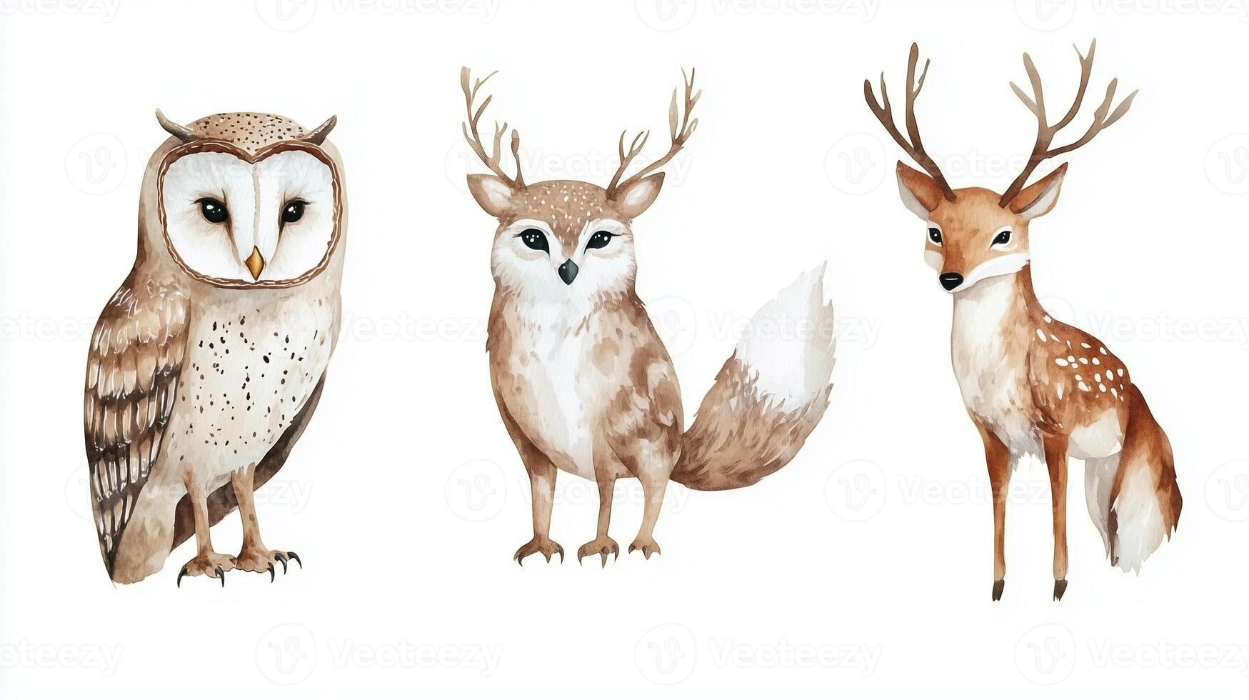 Watercolor illustrations of an owl, a fawn, and a deer showcasing forest wildlife in soft, natural colors photo