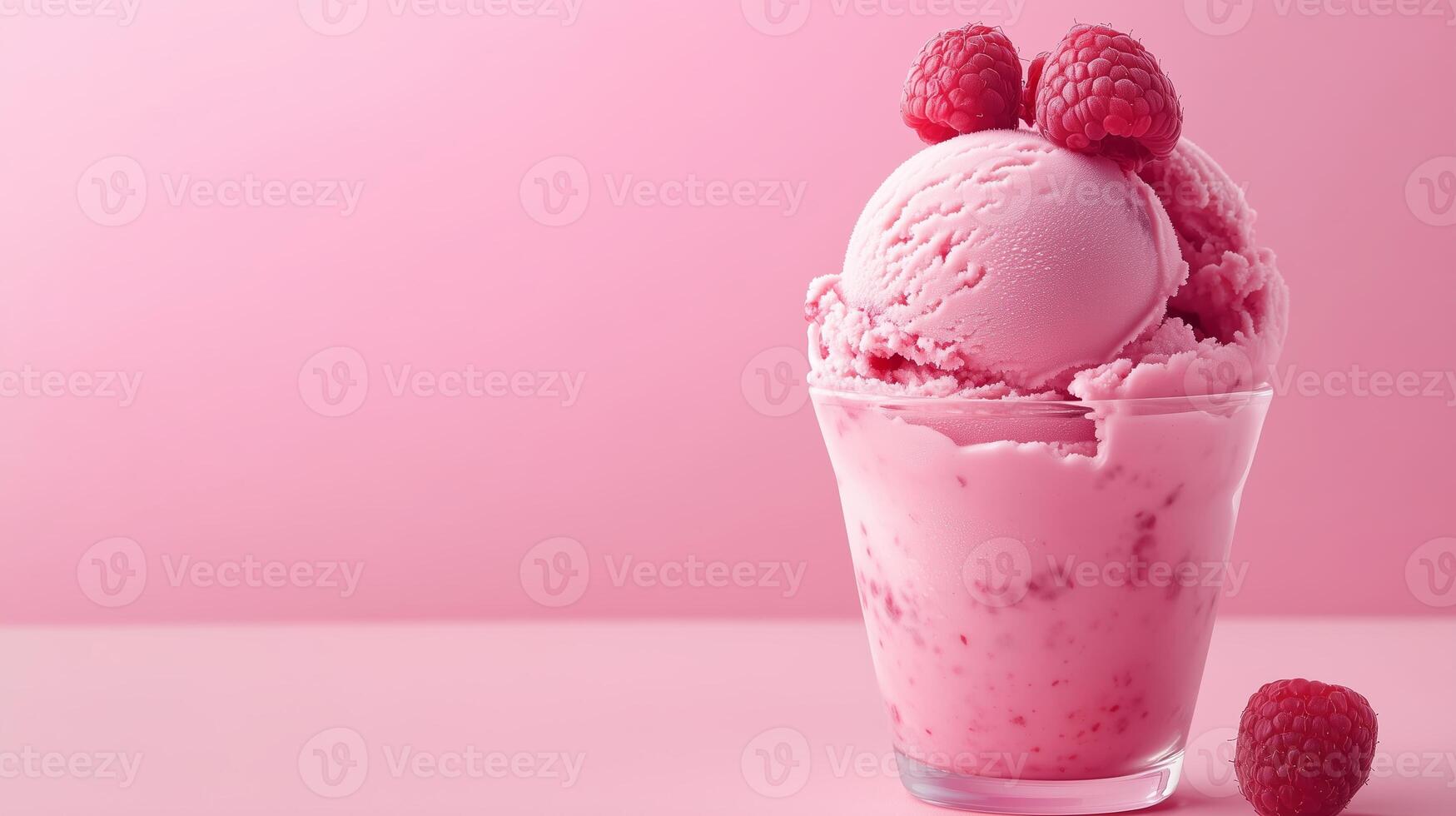 Delicious raspberry ice cream served in a glass against a vibrant pink background photo