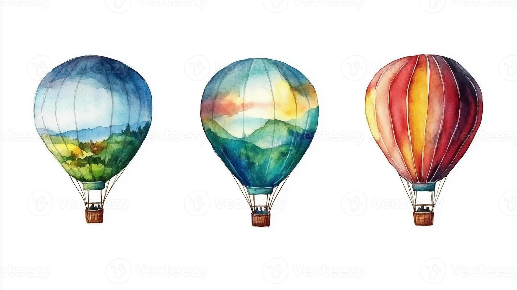 Colorful watercolor hot air balloons soaring over scenic hills and mountains during a bright sunny day in a serene landscape photo