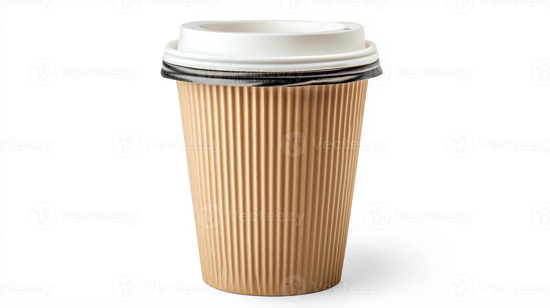 A freshly brewed coffee in a disposable cup placed on a white surface in a minimalist setting for a cozy morning vibe photo