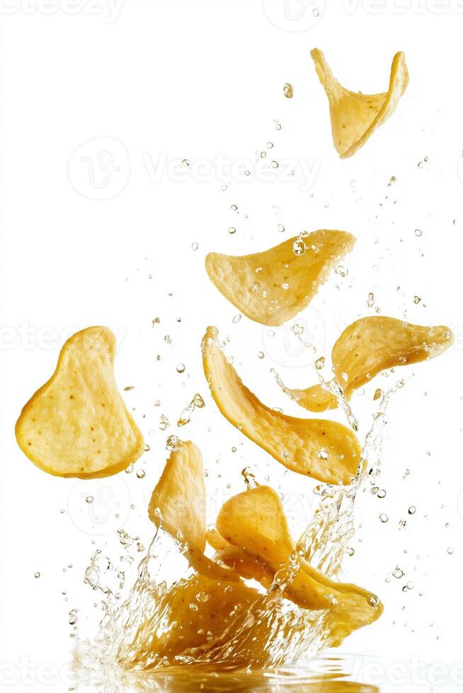 Crispy potato chips splashing into a bowl of water, creating a dynamic and fun culinary moment photo