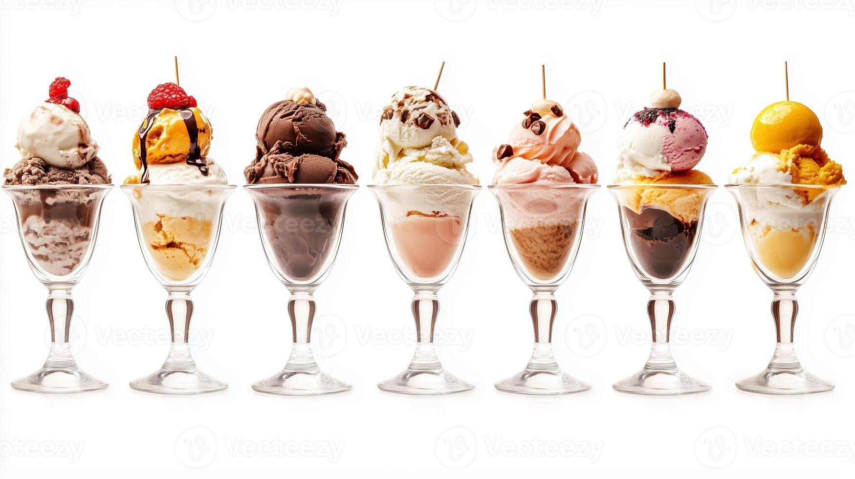 Colorful assortment of ice cream sundaes in tall glasses with whipped cream and toppings displayed on a white background photo