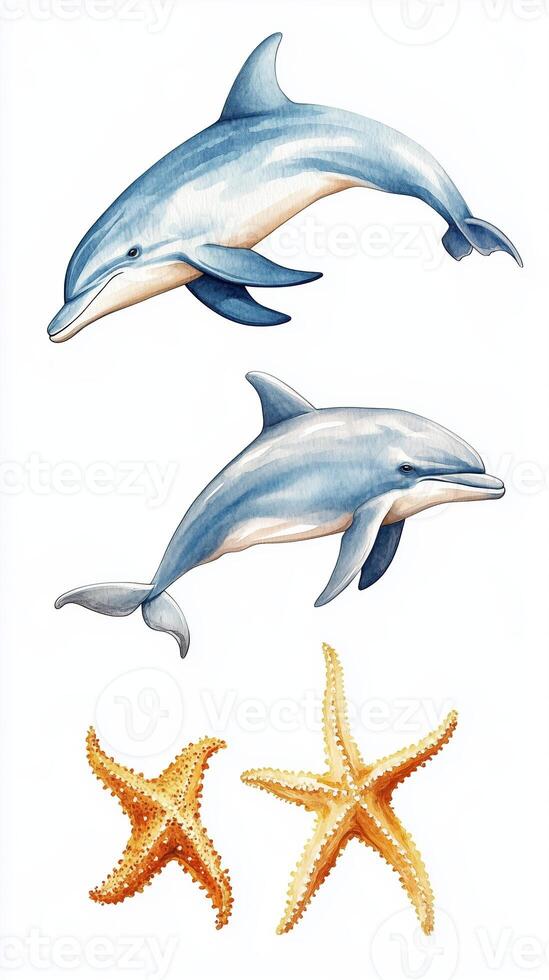 Colorful illustrations of two dolphins swimming gracefully above two starfish on a light background photo