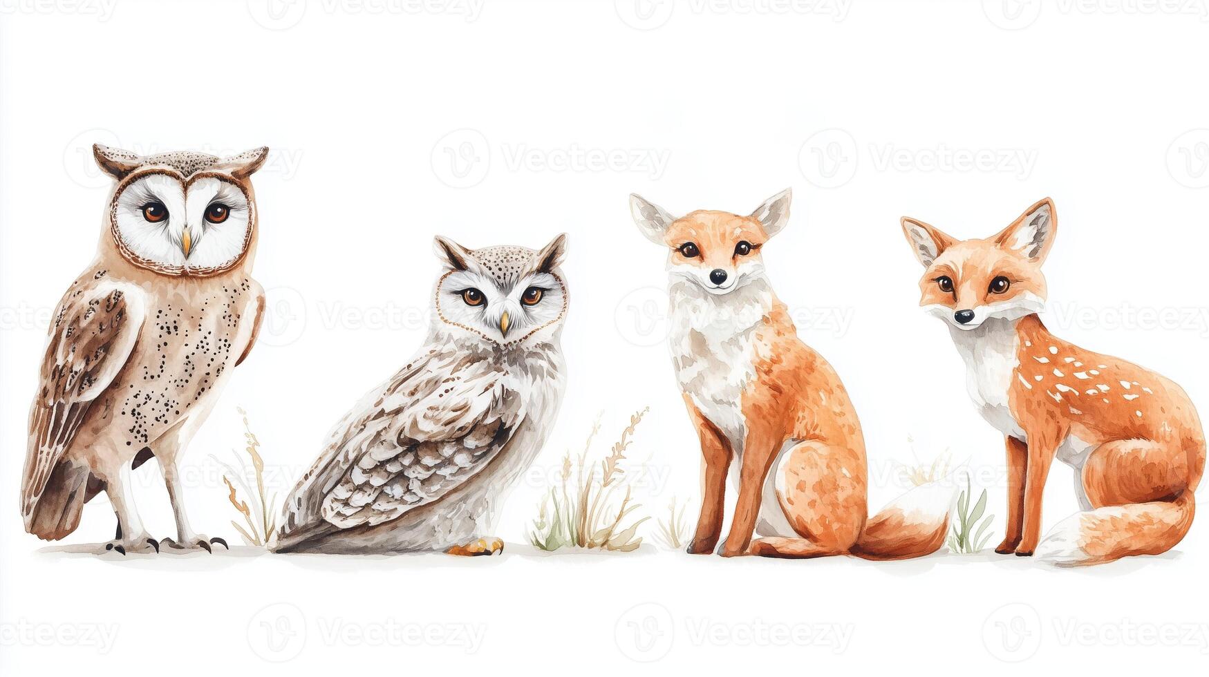 Illustration of an owl duo and fox pair sitting side by side against a white background showcasing natural beauty and wildlife diversity photo